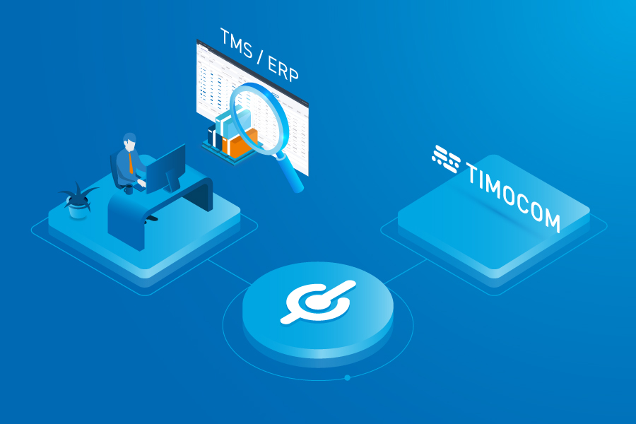 El gráfico muestra la conexión de los sistemas de TMS y ERP con el marketplace de TIMOCOM. Como eslabón está la inter